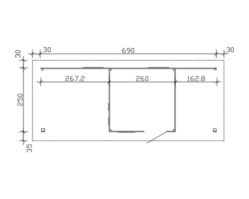 Technische Zeichnung mit den Maßen 690, 267,2, 260, 162,8, 250 und 35