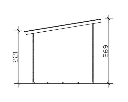 Technische Zeichnung eines Gerätehauses mit den Maßen 221 cm Höhe vorne und 269 cm Höhe hinten