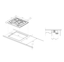 Schéma technique d''une table de cuisson à gaz avec les dimensions d''installation