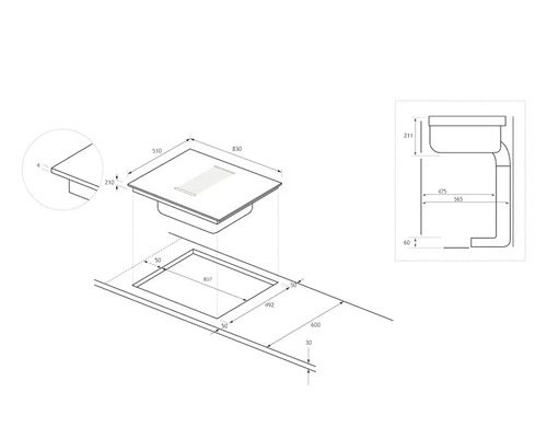 Schéma technique d''une hotte aspirante de table avec dimensions