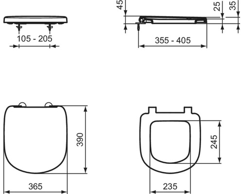 Technische Zeichnung eines WC-Sitzes mit Bemaßung