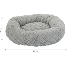 Lit rond pour chien gris mesurant 43 sur 13 centimètres.
