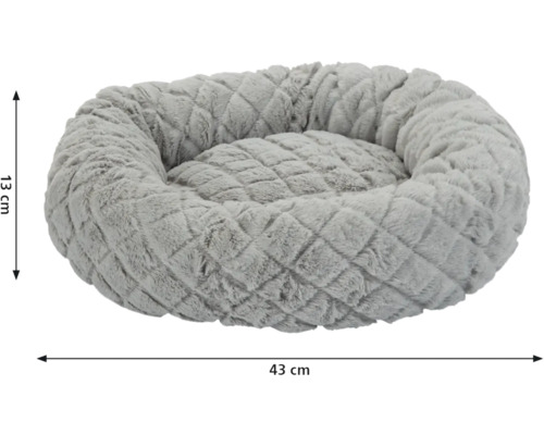Lit rond pour chien gris mesurant 43 sur 13 centimètres.
