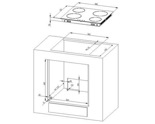 Einbauzeichnung eines Kochfelds mit Maßangaben für den Einbau in eine Küchenzeile.