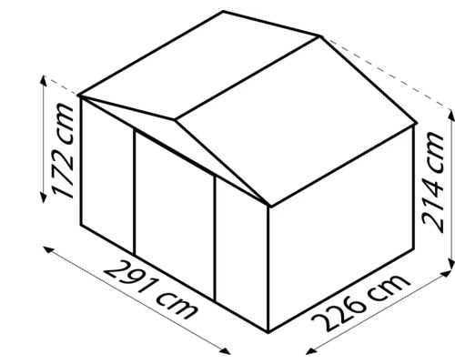 Technische Zeichnung eines Gartenhauses mit Maßangaben: Höhe 172 Zentimeter und 214 Zentimeter, Breite 291 Zentimeter und 226 Zentimeter.