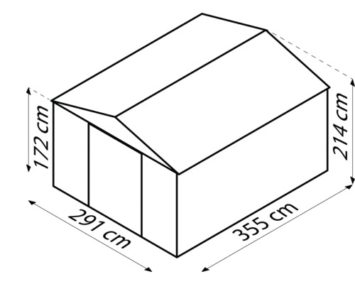 Skizze eines Gartenhauses mit den Maßen 291 Zentimeter mal 355 Zentimeter und einer Höhe von 172 Zentimetern an der Vorderseite und 214 Zentimetern an der Rückseite