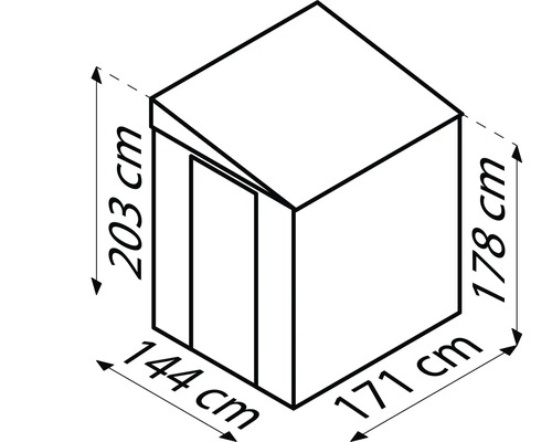 Dimensionsdarstellung eines Schranks: 203 cm Höhe, 144 cm Breite und 171 cm Tiefe