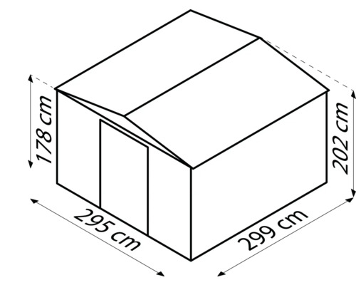 Zeichnung eines Gerätehauses mit Maßangaben: 295 cm breit, 299 cm tief und 178 cm hoch.