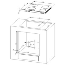 Schéma coté d''une plaque de cuisson avec son meuble encastrable associé.