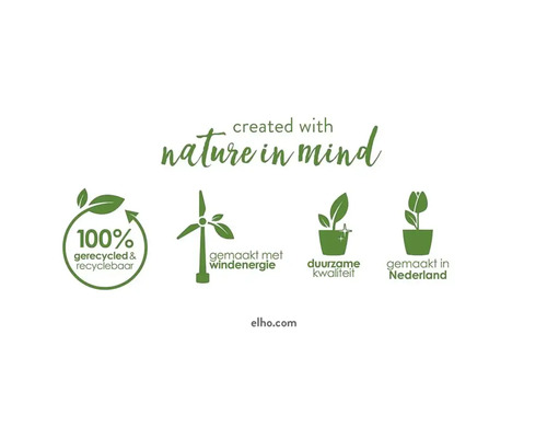 100 Prozent recycelt Symbol. Hergestellt mit Windenergie Symbol. Nachhaltige Qualität Symbol. Hergestellt in den Niederlanden Symbol.