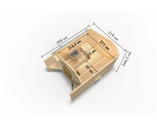 Vue de dessus d''un sauna avec les dimensions de longueur, largeur et hauteur en centimètres.