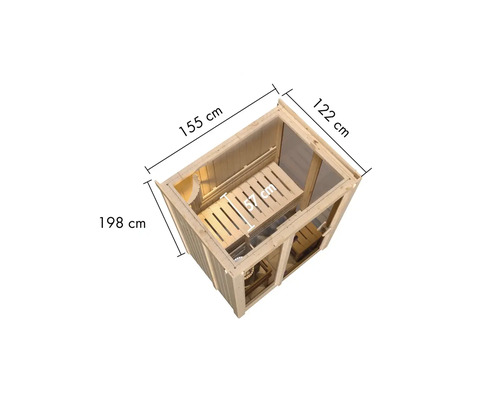 Sauna en bois avec des dimensions de 155 cm par 122 cm par 198 cm