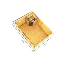 Grundriss eines Gartenhauses mit Sauna und den Maßen 490 mal 369 Zentimeter.