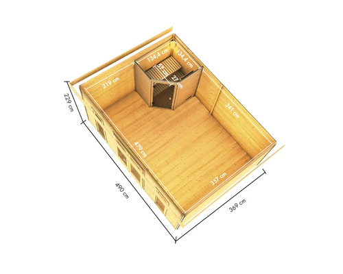 Grundriss eines Gartenhauses mit Sauna und den Maßen 490 mal 369 Zentimeter.