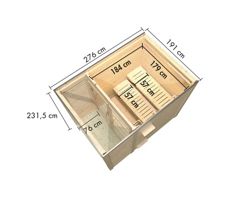 Draufsicht der Sauna mit den Maßen 276 cm mal 231,5 cm, Innenraum mit Bänken von 184 cm mal 179 cm und 57 cm Breite
