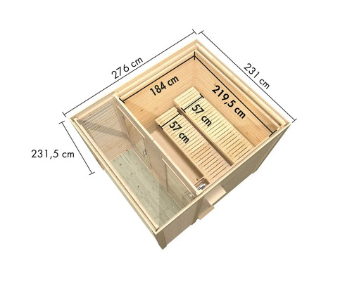 Draufsicht einer Sauna mit Maßangaben