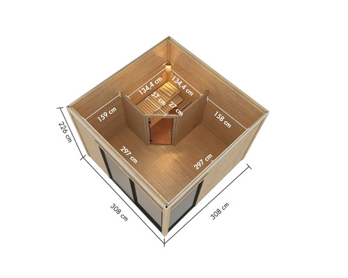 Abbildung eines Holzsaunahauses mit Abmessungen für die Produktanzeige