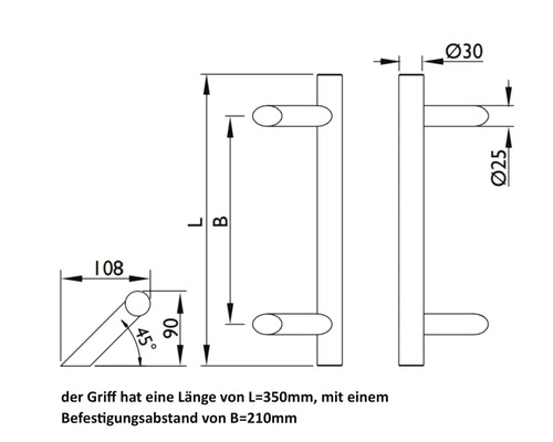 Technische Zeichnung eines Türgriffs mit Maßangaben