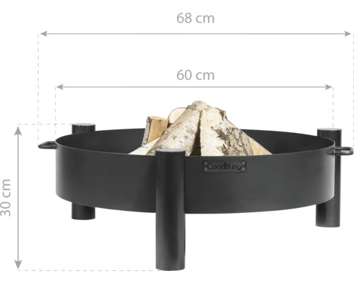 Feuerschale aus Stahl mit Holzscheiten und Maßangaben: Höhe 30 cm, Durchmesser 60 cm und 68 cm