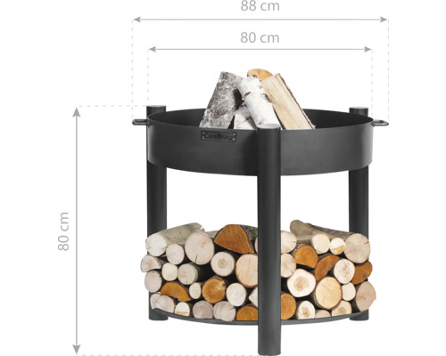 Feuerschale aus Stahl mit Holzscheitablage und den Maßen 88 x 80 Zentimeter.