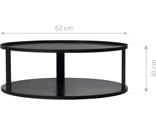 Table basse noire mesurant 62 sur 30 centimètres.