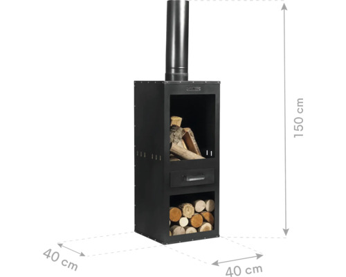 Poêle de cheminée avec compartiments à bois et dimensions 40 x 40 x 150 cm