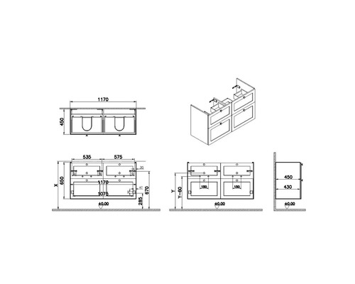 Schéma technique d''un meuble sous-lavabo avec dimensions