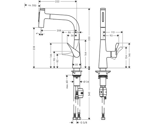 Schéma technique d''un robinet de cuisine avec dimensions