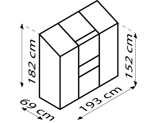 Dessin technique d''une armoire avec des dimensions de 182 cm de hauteur, 69 cm de profondeur et 193 cm de largeur