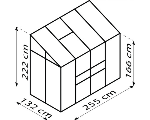 Illustration d''une serre avec les dimensions de 222 cm de hauteur, 132 cm de largeur et 255 cm de longueur