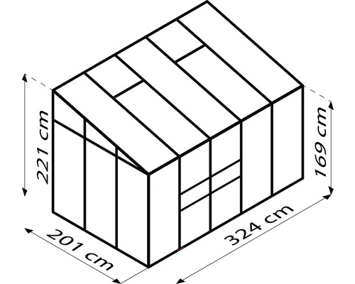 Dessin technique d''une serre de dimensions 221 cm de hauteur, 201 cm de largeur, 169 cm de hauteur et 324 cm de longueur.