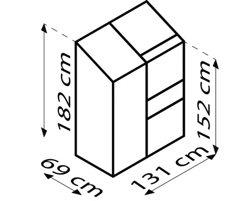 Représentation des dimensions d''une armoire : 182 cm de hauteur, 69 cm de largeur, 152 cm de hauteur et 131 cm de profondeur