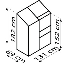 Schéma coté d''une armoire avec des dimensions de 182 cm de hauteur, 69 cm de largeur, 152 cm de hauteur et 131 cm de largeur