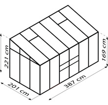 Skizze eines Gewächshauses mit den Maßen 221 cm Höhe, 201 cm Breite, 169 cm Höhe und 387 cm Länge