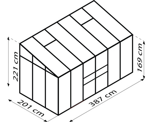 Schéma d''une serre avec des dimensions de 221 cm de hauteur, 201 cm de largeur, 169 cm de hauteur et 387 cm de longueur