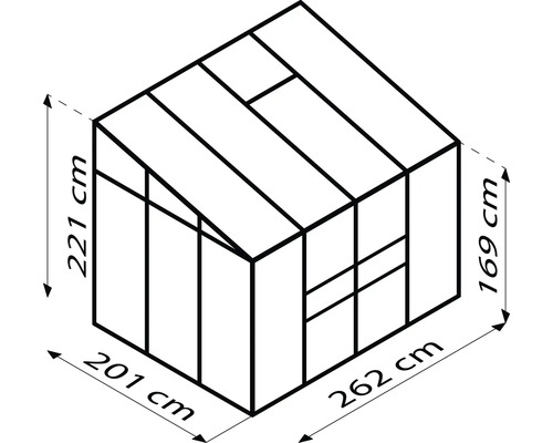 Technische Zeichnung eines Gewächshauses mit Abmessungen 262 cm x 201 cm x 221 cm x 169 cm.