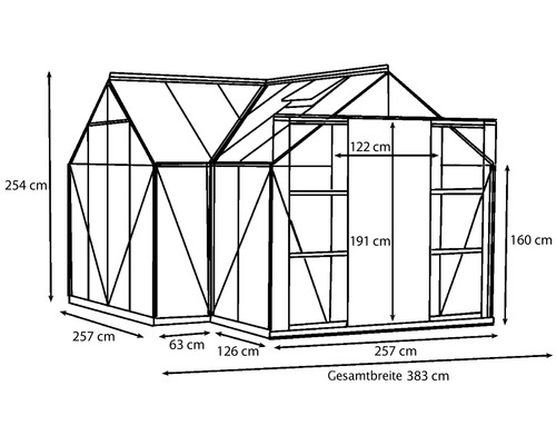 Technische Zeichnung eines Gewächshauses mit Maßangaben