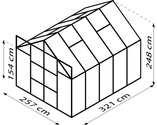 Schéma de la serre avec les dimensions 257 cm x 321 cm x 248 cm