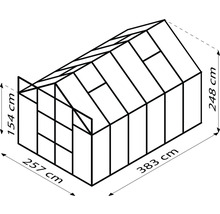 Skizze eines Gewächshauses mit den Maßen 257 cm Breite, 383 cm Länge und 248 cm Höhe