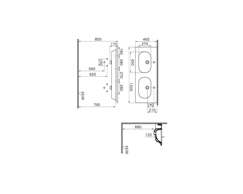 Schéma technique d''une vasque double avec dimensions