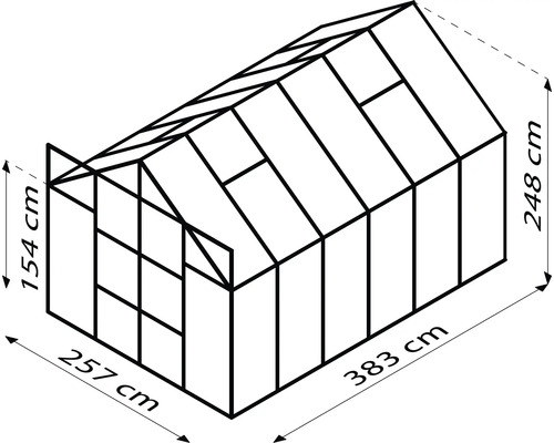 Umrisszeichnung eines Gewächshauses mit den Maßen 257 cm Breite, 383 cm Länge und 248 cm Höhe