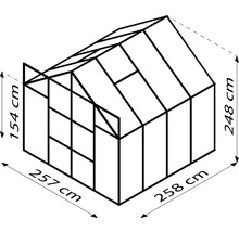 Dessin d''une serre avec dimensions : 154 cm de hauteur à l''avant, 248 cm de hauteur à l''arrière, 257 cm de largeur à l''avant, 258 cm de largeur à l''arrière.