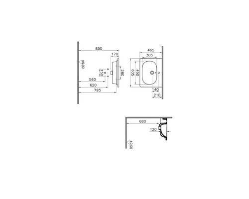 Dessin technique d''un lavabo avec dimensions