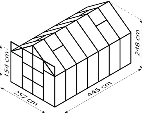 Skizz vun engem Treibhause mat de Moossen 257 cm x 445 cm an enger Héicht vun 248 cm