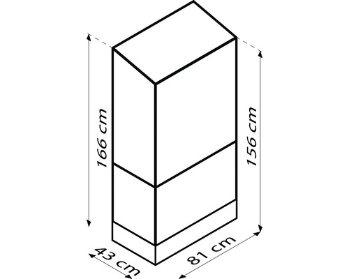 Schema eines Schranks mit den Maßen 166 cm Höhe, 81 cm Breite und 43 cm Tiefe.