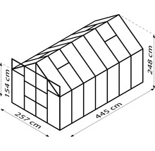 Illustration eines Gewächshauses mit den Maßen 257 mal 445 mal 248 cm