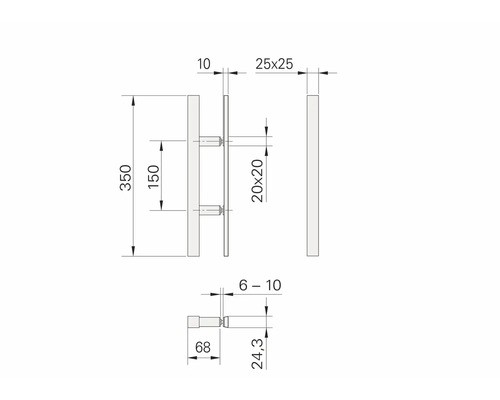 Technische Zeichnung eines Türgriffs mit Maßangaben