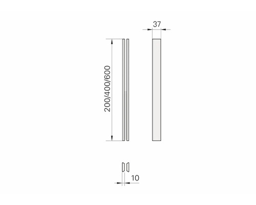 Technische Zeichnung eines Möbelgriffs mit den Maßen 200, 400 und 600 mm Länge, 37 mm Breite und 10 mm Dicke.