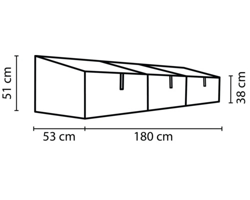 Technische Zeichnung eines Frühbeets mit den Massen 51 cm Höhe, 53 cm Tiefe und 180 cm Länge