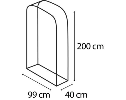 Abmessungen einer Kleiderständer-Hülle mit einer Höhe von 200 cm, einer Breite von 99 cm und einer Tiefe von 40 cm